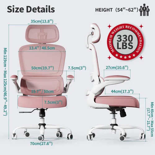 Miniatura 2 de TRALT Silla de oficina ergonómica, silla de escritorio de malla para el hogar de 330 libras, sillas de escritorio de oficina con ruedas, cómodas Rosa
