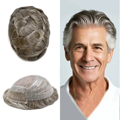 Miniatura 23 de Sistema de repuesto de piezas de cabello humano tipo tupé para hombre, transpirable, encaje francés, peluca para hombre, peluca de piel de #1B Negro