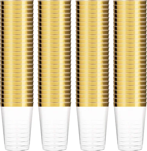Miniatura 9 de Munfix 100 vasos de plástico dorados de 14 onzas, vasos transparentes con borde dorado, elegantes vasos desechables para boda, fiesta, con borde