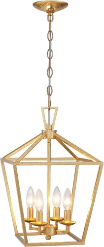 Untrammelife - Lámpara colgante de 4 luces dorada, lámpara de araña geométrica de metal de altura ajustable de 12 pulgadas, lámpara clásica de jaula