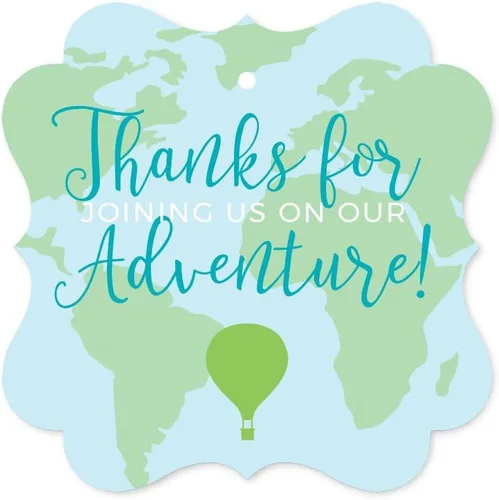 Miniatura 5 de Andaz Press Colección de fiesta de mapa del mundo de aventura en globo aerostático, azul y verde, pancarta colgante personalizada con cuerda