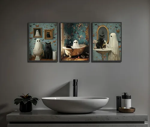 Miniatura 6 de NBYARTQ Pósteres de Fantasmas de Halloween Arte de Pared Juego de 3 Impresiones de Terror Espeluznante Academia Oscura Fantasma y Gato Negro
