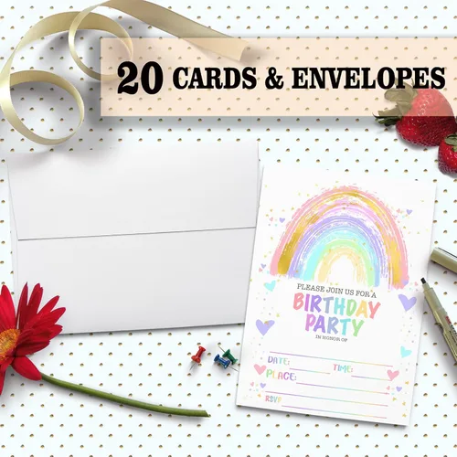 Miniatura 2 de Tarjetas de invitación para fiesta de cumpleaños, invitación de fiesta de cumpleaños arcoíris, celebración de fiesta de niños, 20 tarjetas con 20