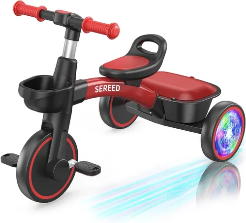 Miniatura 13 de SEREED Triciclo de iluminación colorida para niñas de 2 a 5 años, triciclo ajustable con asiento y manillar, cesta extraíble, idea de regalo de Rosa