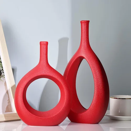 Miniatura 6 de Juego de 2 jarrones de cerámica rojos, jarrón floral moderno hueco circular con agujero para decoración del hogar, para centros de mesa