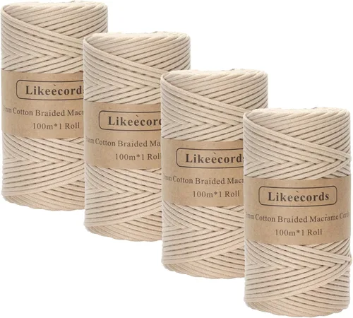 Miniatura 54 de Cordón de Algodón Trenzado 3mm x 109 yardas - Cuerda de Macramé Colorida para Manualidades, Ganchos, Colgantes de Pared - 100% Algodón Natural