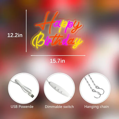 Miniatura 3 de Letreros de neón de feliz cumpleaños para decoración de pared, luz de neón LED para dormitorio, decoración de fiesta de cumpleaños de Navidad