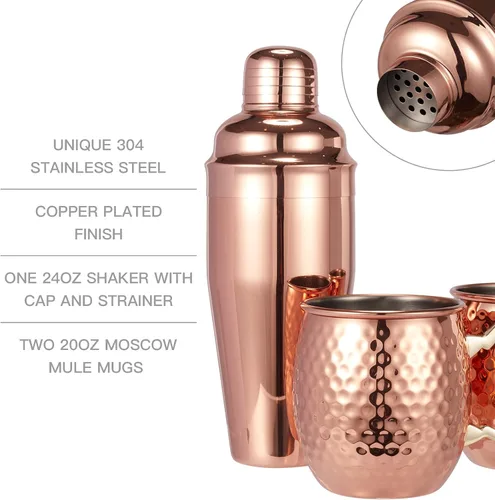 Miniatura 2 de Moscow Mule - Juego de 3 tazas martilladas de Moscú Mule tazas con coctelera de 24 onzas, gran juego de regalo para bar de entretenimiento