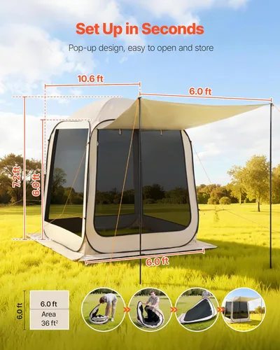 Miniatura 2 de VEVOR Tienda de campaña emergente con pantalla, 6 x 6 pies, carpa con pantalla de 6 lados para 4-6 personas con toldo extendido, toldo con pantalla