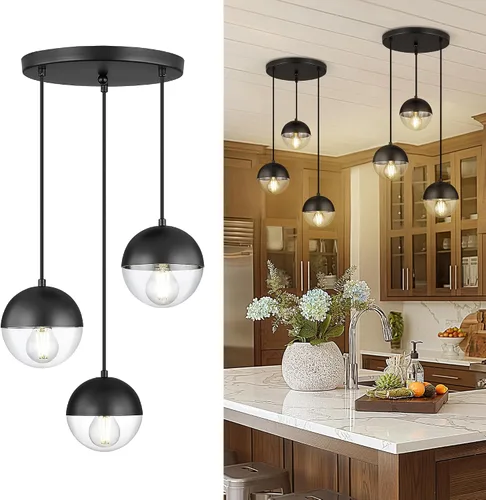 Miniatura 27 de LMS Luces colgantes negras de 8 pulgadas para isla de cocina, lámpara colgante moderna de globo con vidrio esmerilado, lámpara colgante Negro