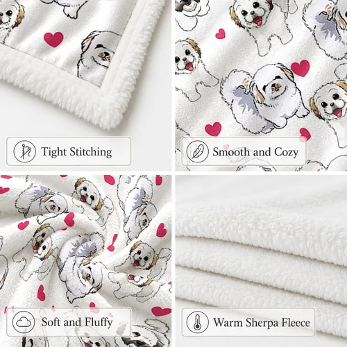 Miniatura 2 de BlessLiving Manta de sherpa con diseño de Shih Tzu - Manta súper suave, acogedora y cálida con corazones rojos, manta de felpa gruesa y mullida