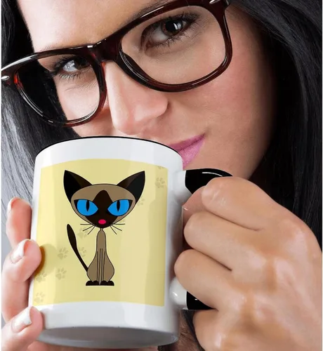 Miniatura 2 de 3dRose Lindo gato siamés huellas diseño 11oz dos tonos negro taza