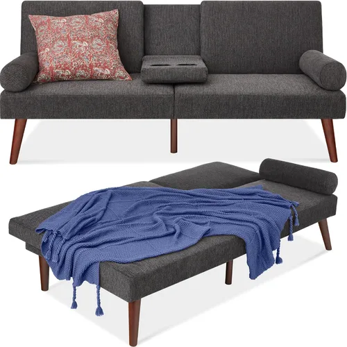 Miniatura 10 de Best Choice Products Mid-Century - Futón tapizado moderno, sofá cama plegable convertible, sofá pequeño con reposabrazos redondeados, 2 portavasos