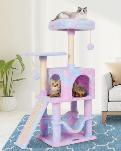 Miniatura 10 de Linda torre de árbol para gatos de interior con poste rascador para actividades modernas, hamaca colgante de bola con tabla beige