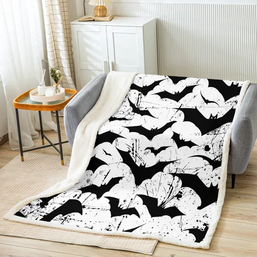 Miniatura 2 de Erosebridal Manta gótica de murciélagos de Halloween, manta de forro polar blanco y negro de 40 x 50 pulgadas, silueta vintage para niños, sombras