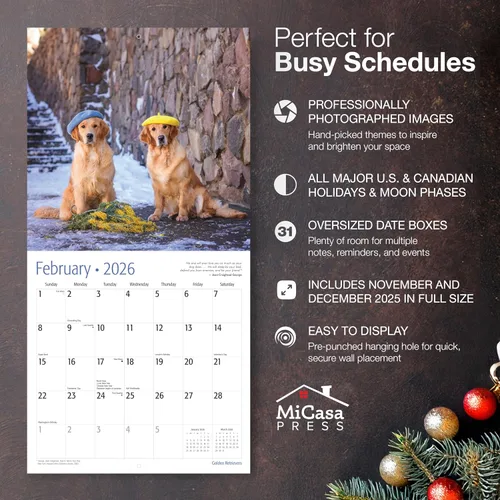 Miniatura 2 de MICASA PRESS Golden Retrievers 2026 - Calendario de pared de 12 meses, 12 x 24 pulgadas, abierto, papel grueso y resistente, para regalo, lindo