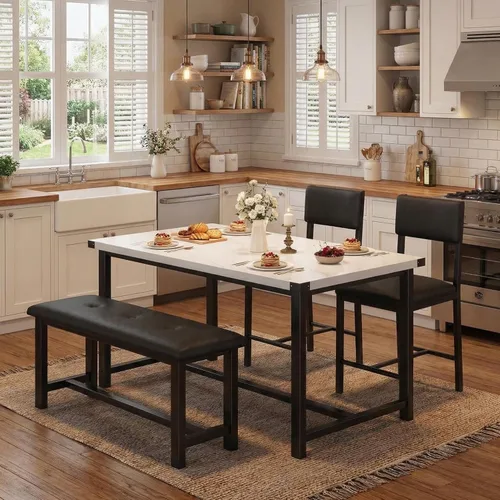 Miniatura 3 de GarveeHome Juego de mesa de comedor para 4, mesa de cocina con 2 sillas tapizadas y banco, juego de comedor de cocina de madera, para espacios