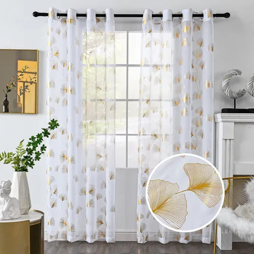Miniatura 31 de Youleyar - 2 paneles de cortinas de gasa con estampado de lámina dorada, con ojales en la parte superior, para ventana, de 63 pulgadas de largo