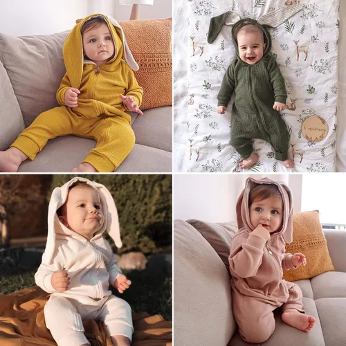 Miniatura 86 de Simplee Kids Enterizo con diseño de conejo de Pascua con capucha, para bebé, overol con cremallera y orejas largas