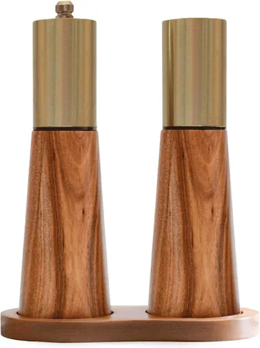 Juego de molinillo de sal y pimienta, molinillo de pimienta de madera de acacia con grosor ajustable, molinillo de hoja de cerámica recargable,