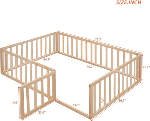 Miniatura 2 de Cama de plataforma de tamaño matrimonial con valla, marco de cama de piso de madera maciza con puerta, marco de sofá cama de tamaño matrimonial
