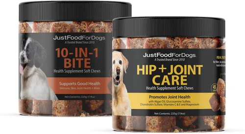 JustFoodForDogs 10-en-1 Multifuncional y suplemento para cadera + articulaciones, masticables suaves para perros, a base de plantas, de grado humano
