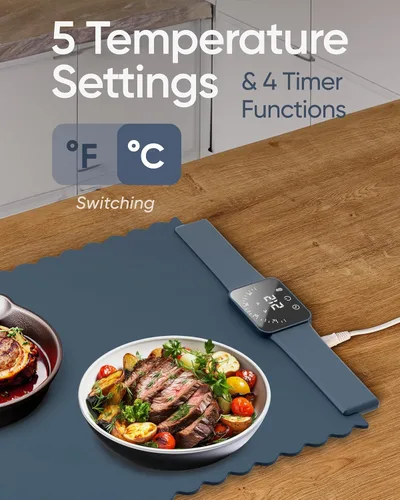 Miniatura 5 de Tapete de calentamiento para alimentos – Bandeja plegable de buffet de 24 x 16 pulgadas con 5 ajustes de temperatura y temporizador automático