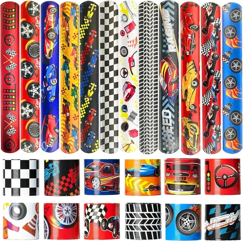 CZWXOXO 24 Piezas Decoraciones de Fiesta de Coches de Carreras Favores Pulsera de Carreras Pulseras de Carreras Pulseras de Palmada a Cuadros
