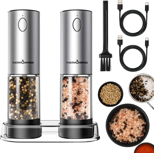 Juego de molinillo de sal y pimienta eléctrico ThermoMaven, molinillo de sal y pimienta automático recargable más grande de 110 ml con 6 niveles de