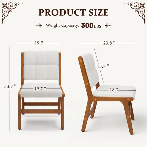 Miniatura 2 de Furniliving Juego de 2 sillas de comedor de madera de roble, silla de cocina tapizada de tela de lino moderna de mediados de siglo, sillas de Beige