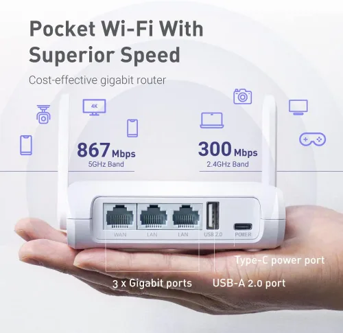 Miniatura 4 de GL.iNet GL-SFT1200 (Opal) Enrutador WiFi Portátil de Viaje, Mini Enrutador Inalámbrico VPN para Módem de Fibra Óptica, Repetidor WiFi de Internet