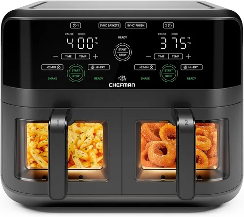CHEFMAN Horno freidora de aire de doble cesta de 6 cuartos con ventanas de fácil visión, acabado de sincronización, Hi-Fry, apagado automático, 2