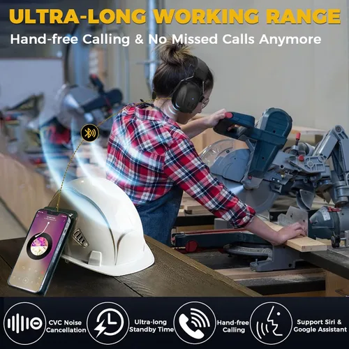 Miniatura 6 de Kalence Auriculares con Bluetooth 6.0, protección auditiva con tiempo de trabajo de 120H, orejeras de seguridad de 30dB, auriculares recargables