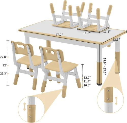 Miniatura 3 de DOREROOM Juego de Mesa y Sillas para Niños Pequeños para 4, 47.2''L x 23.6''A Juego de Mesa y Sillas de Estudio para Niños, Altura Ajustable, Beige