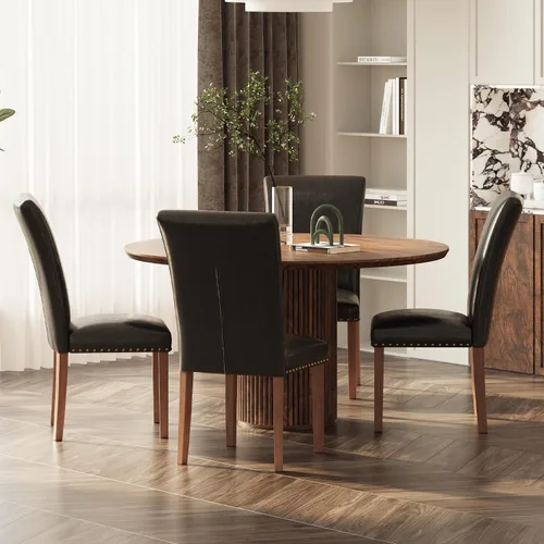 Miniatura 24 de Juego de 2 sillas de comedor de granja, respaldo alto con patas de madera y ribete de cabeza de clavo, silla de comedor de tela moderna