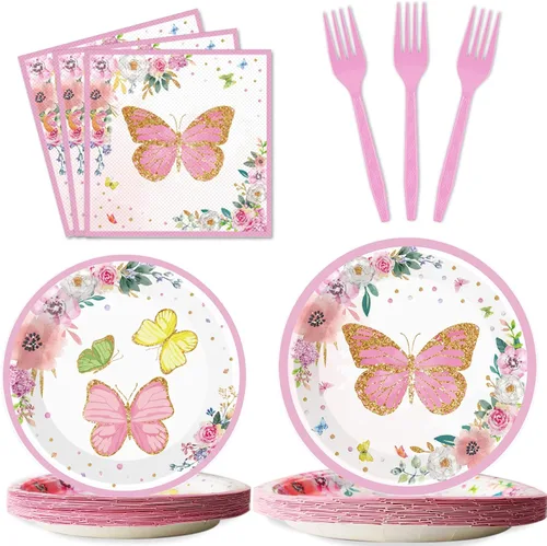 Juego de vajilla de fiesta de mariposa para 24 invitados, diseño floral de mariposa, primavera, fiesta de cumpleaños, platos de papel, servilletas,
