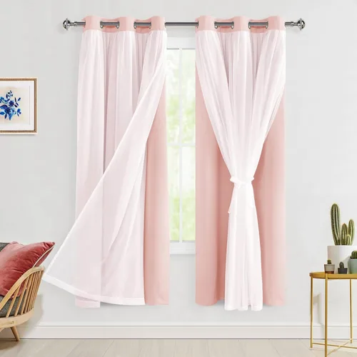 Miniatura 25 de Hiasan Cortinas opacas con superposición transparente, aislamiento térmico para mezclar y combinar de doble capa, cortinas de oscurecimiento de Beige