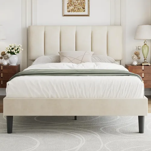 Miniatura 69 de VECELO - Base de cama tamaño individual con cabecera tapizada, plataforma con soporte de listones de madera de alta resistencia, no necesita somier
