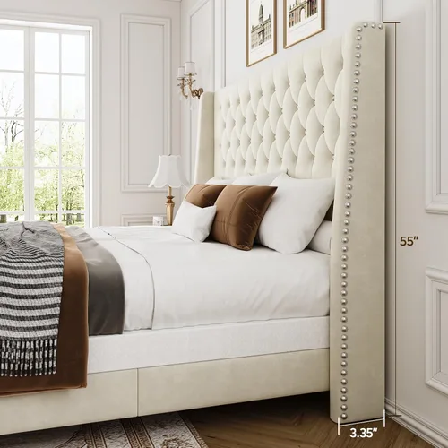 Miniatura 3 de Base de cama tamaño Queen con cabecera de 140 cm de altura, somier tapizado, tela suave, cabecera acolchada con botones y respaldo, cama con Beige
