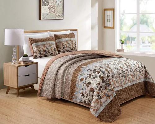 Luxury Home Collection - Juego de colcha reversible acolchada de 2 piezas, tamaño individual/individual XL, estampado floral, hojas color gris