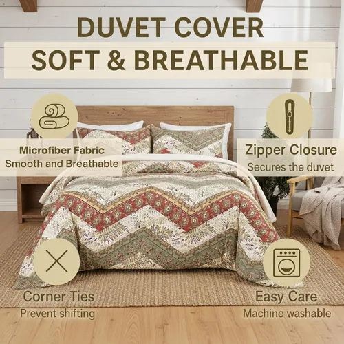 Miniatura 2 de DaDalogy Bedding - Juego de funda de edredón con estampado floral botánico con fundas de almohada, diseño de cachemira cheurón bohemio, filigrana