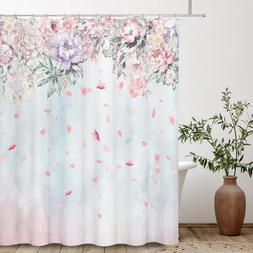 Miniatura 2 de Tititex Juegos de Cortinas de Ducha de Rosas Lilas Rosadas con Flores, Pétalos Florecientes Ruborizados que Caen, Decorativo de Baño 70x70 Pulgadas