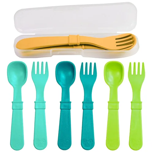 Re-Play Juego de tenedores y cucharas para niños pequeños, juego de utensilios de 4 x 4 para niños, apto para lavavajillas y microondas, fabricado