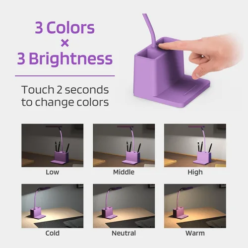Miniatura 3 de AXX Bonita lámpara de escritorio morada, luz de mesa de estudio recargable para oficina en casa, pequeña, funciona con pilas, LED, cuello de cisne
