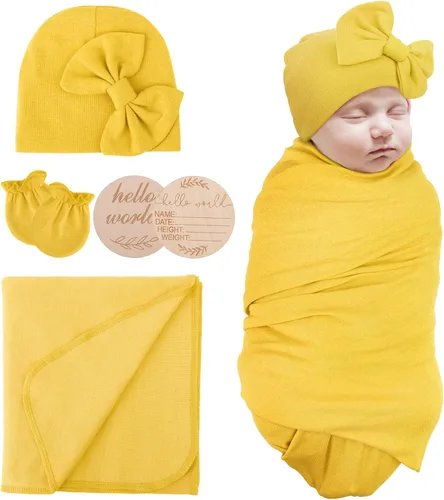 AQOKKA Manta para Recién Nacido con Moño, Juego de Sombrero y Guantes, Tarjeta de Madera para Recién Nacidos, Niños, Niñas, Envoltorio para Envolver