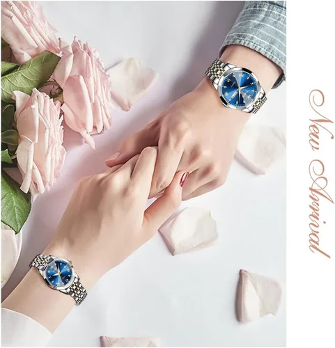 Miniatura 2 de OLEVS Reloj para parejas para él y ella, reloj analógico de cuarzo para hombres y mujeres, de acero inoxidable, impermeable, luminoso, fecha, reloj