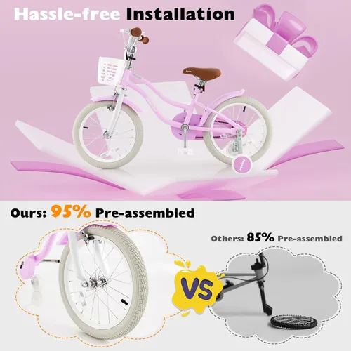 Miniatura 6 de BABY JOY Bicicleta para niños, 12, 14, 16, 18, 20 pulgadas, con asiento ajustable, cesta extraíble, freno de mano y freno de posavasos, ruedas