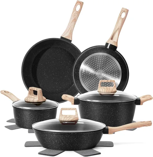 SODAY Juego de 12 piezas de ollas y sartenes antiadherentes, juego de batería de cocina de granito negro de inducción, juego de cocina antiadherente