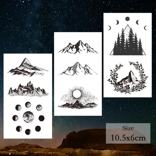 Miniatura 2 de 22 hojas de pegatinas de tatuajes temporales de montaña, incluidos tatuajes falsos impermeables, formas geométricas negras, con forma de sol