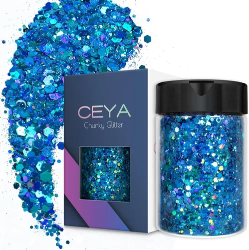 Ceya - Purpurina holográfica gruesa, 140 g / 4.9 oz, color azul cielo, polvo de purpurina para manualidades, lentejuelas gruesas y finas mezcladas,